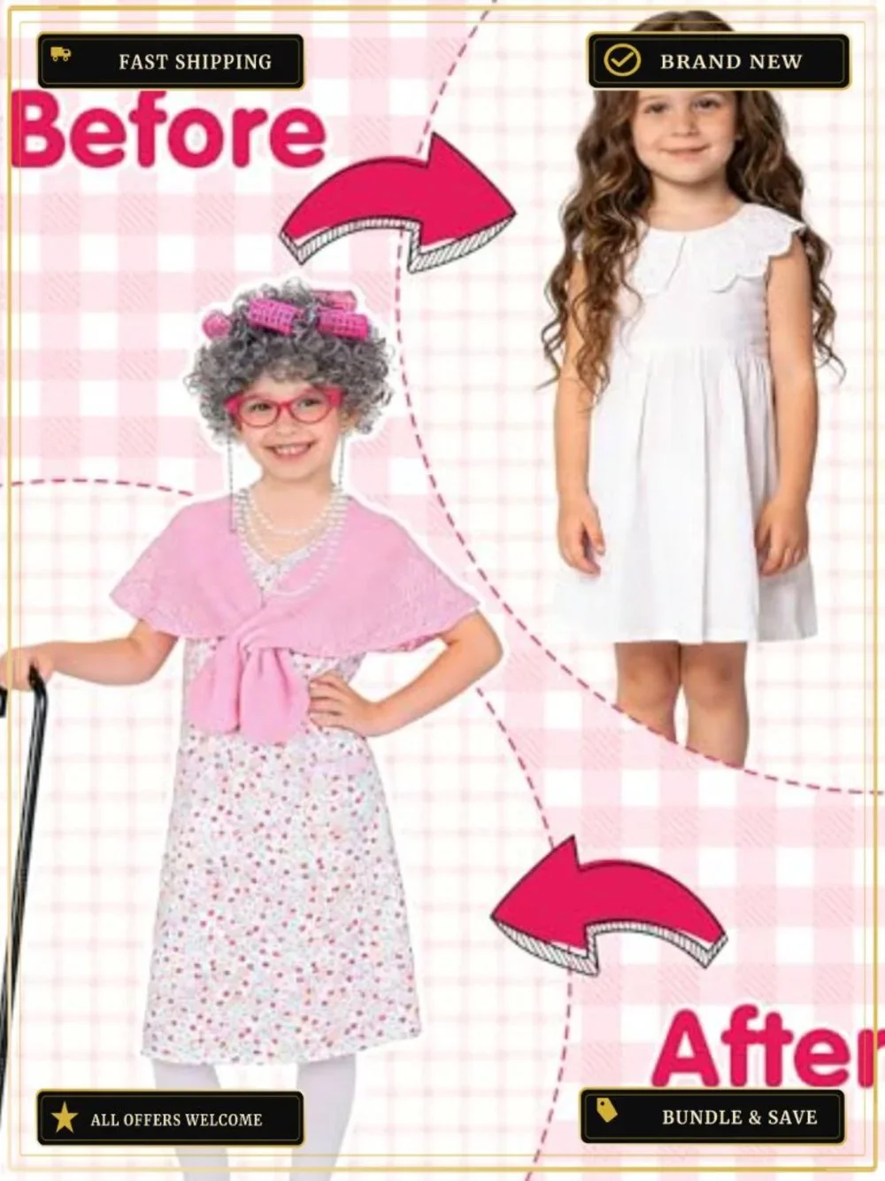 Girls Old Lady Costume 8 Piece Grandma Dress Up Set 100 Days of School